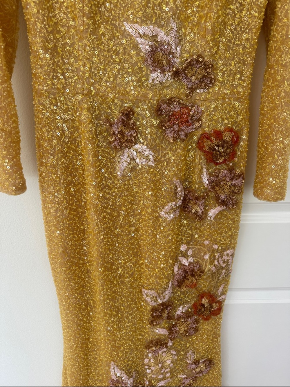 Gold Sequin Long Sleeve Floral-Embellished Evening Dress - Picture 4 of 9